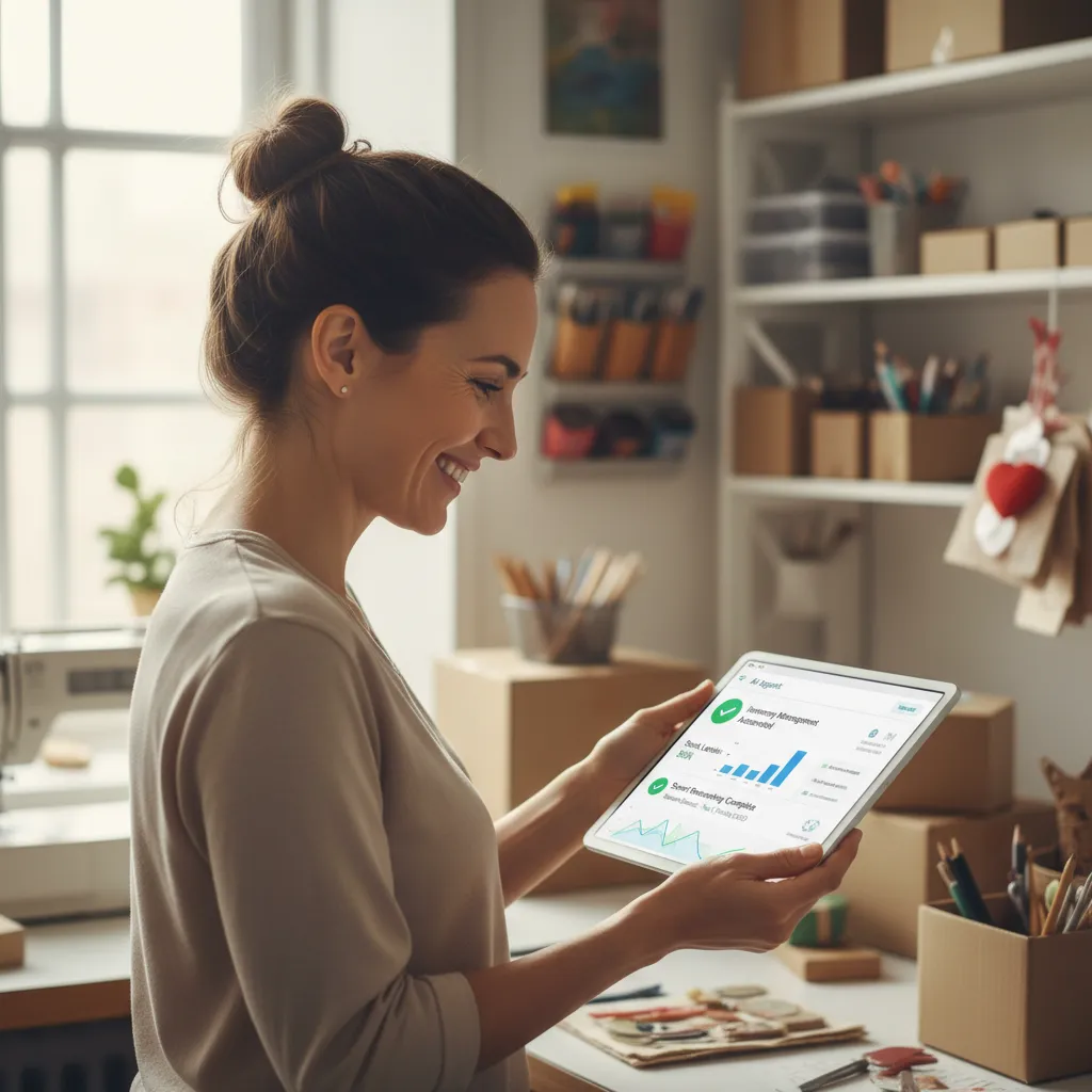 A realistic image of a small business owner using a tablet to manage inventory, with an AI agent interface automating stock levels and purchase orders.