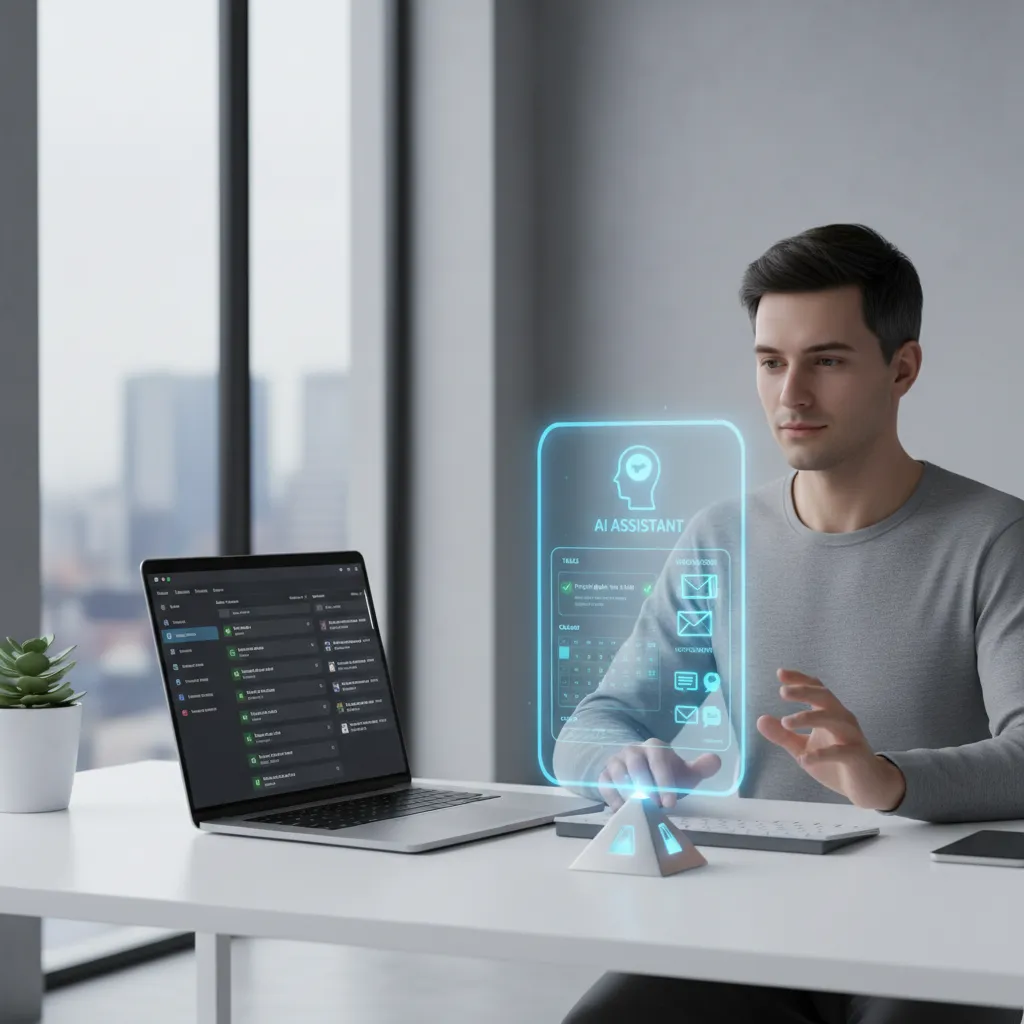 AI assistant managing schedule and emails on a holographic interface