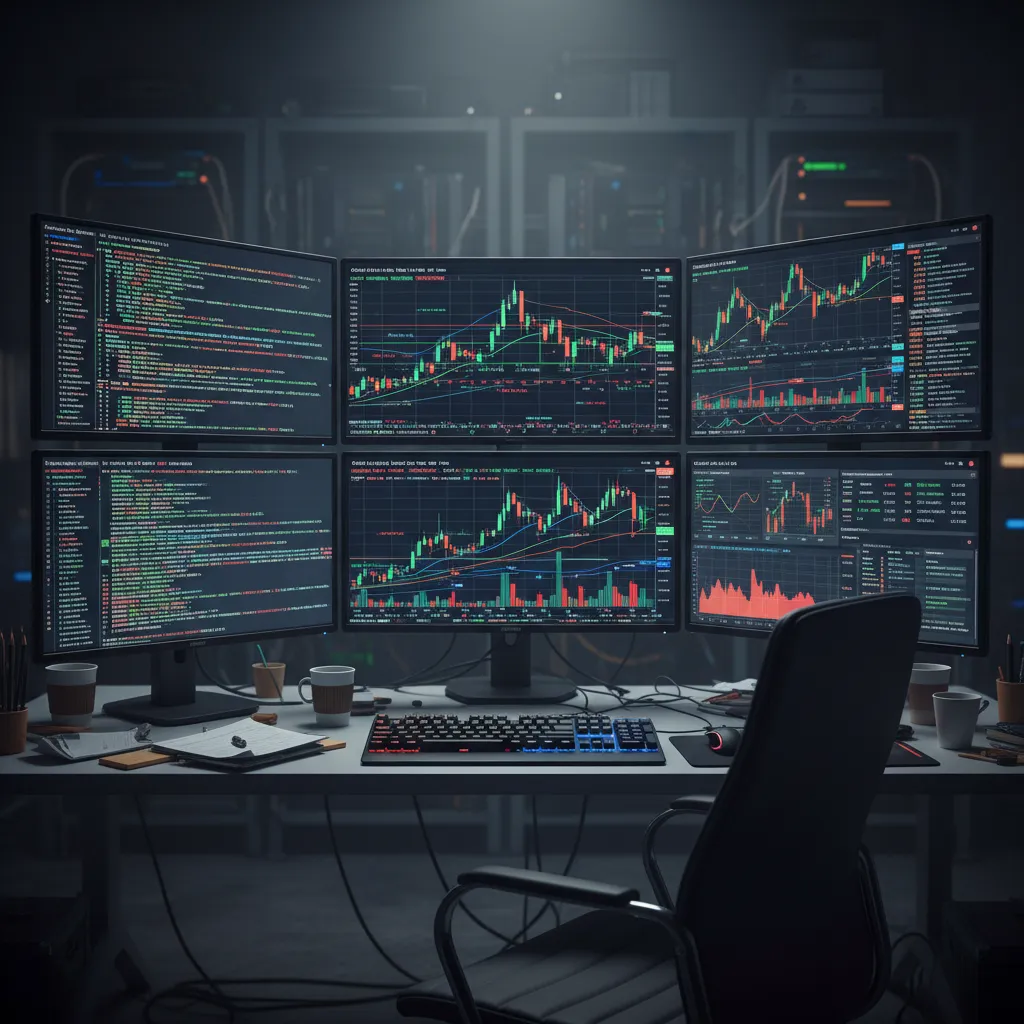 A multi-monitor setup displaying complex stock charts and data, representing AI algorithmic trading.
