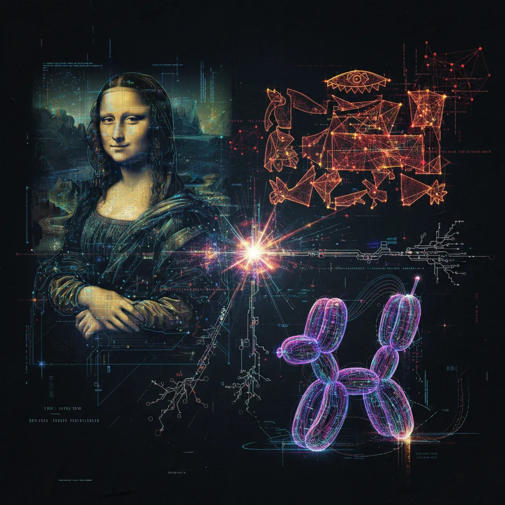 Abstract visual representation of AI algorithms and data points analyzing an artwork's patterns and colors