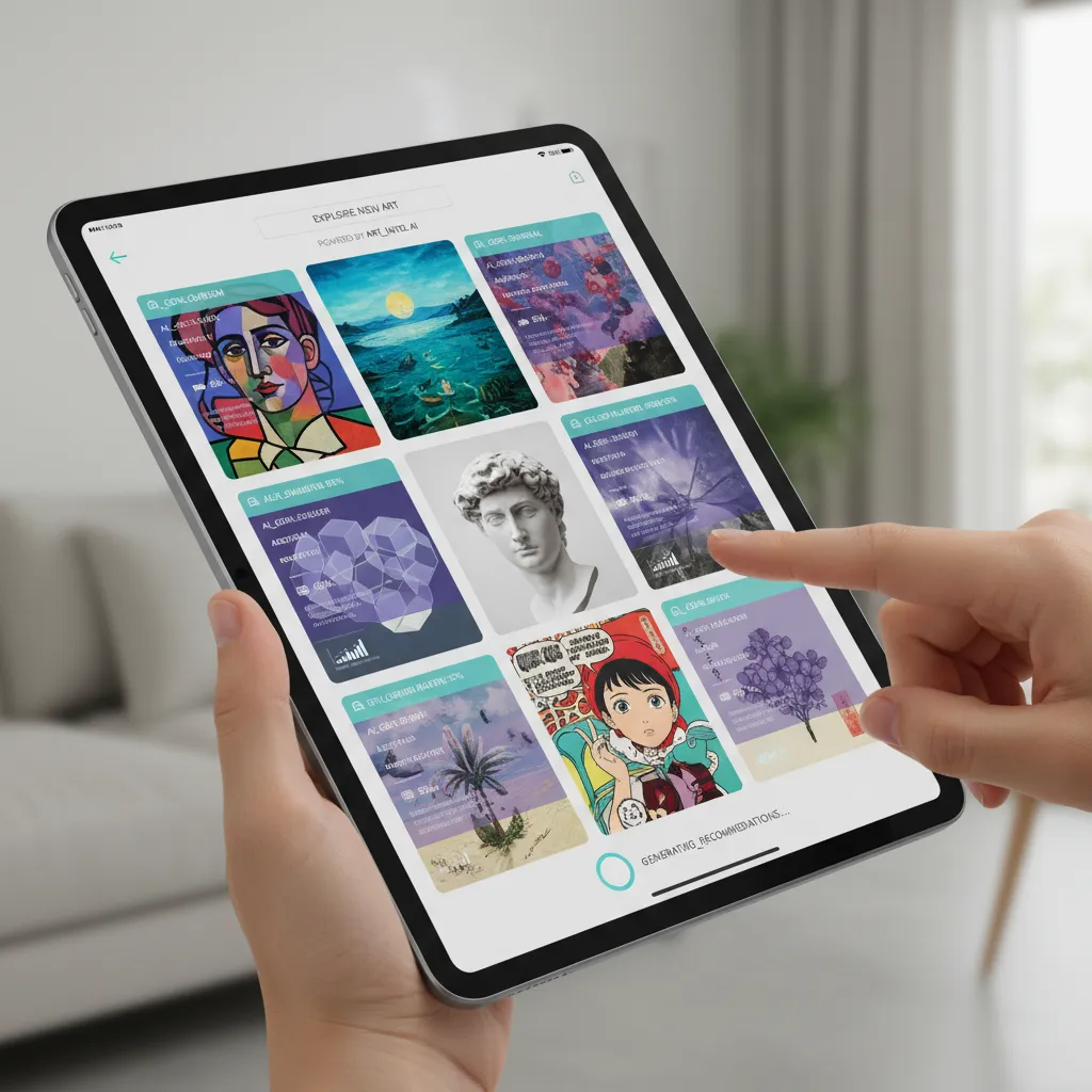 A close-up shot of a hand interacting with a sleek, futuristic AI art discovery interface on a tablet screen