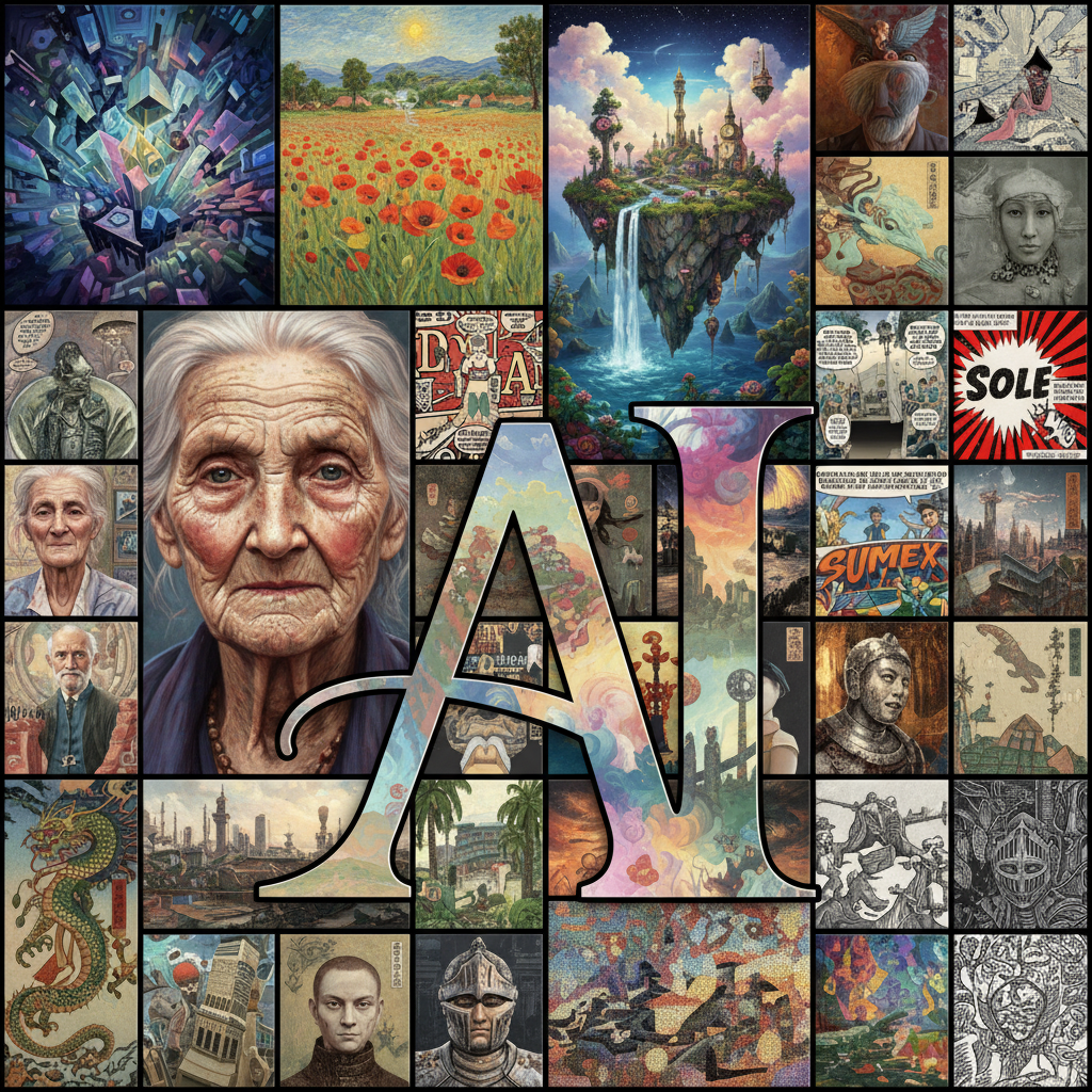 Mosaic displaying diverse AI-generated art styles.