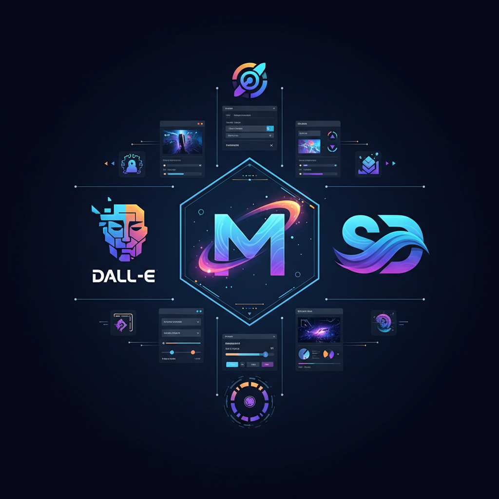 Collage of various generative AI art tools and interfaces.