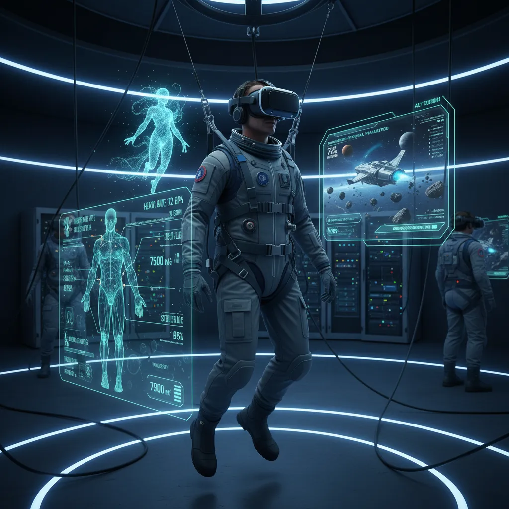Person in VR goggles undergoing AI-monitored astronaut training simulation.
