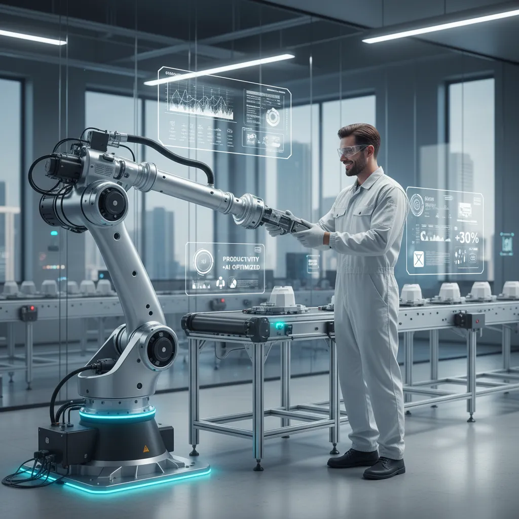 Robot arm and human working together in AI-powered manufacturing