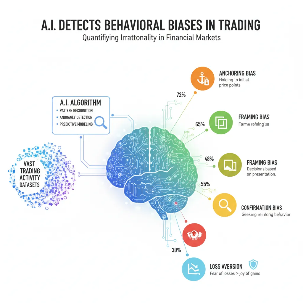 Infographic showing AI algorithms detecting and quantifying behavioral biases in financial data.