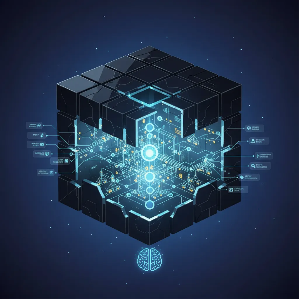 Black box AI system opening to reveal transparent decision processes