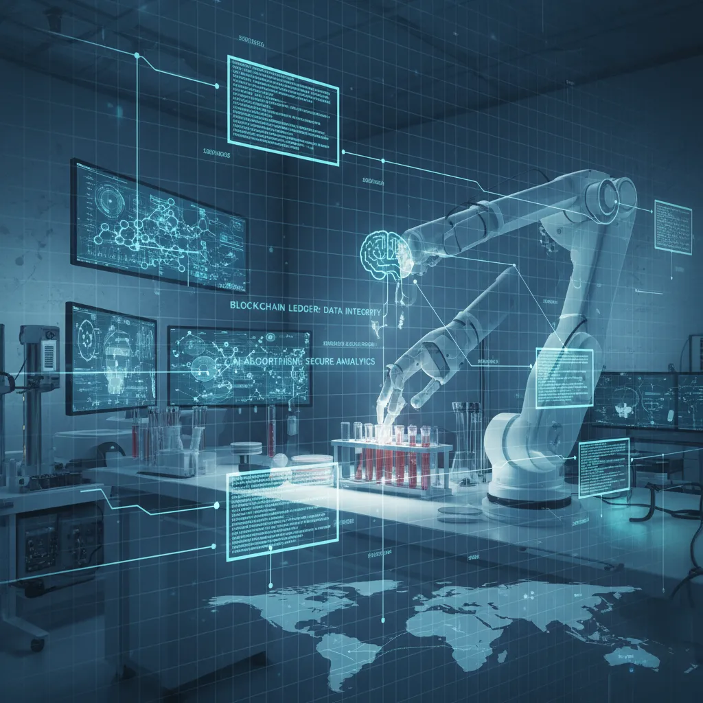 Robotic arm in a lab with AI and blockchain data integrity overlay