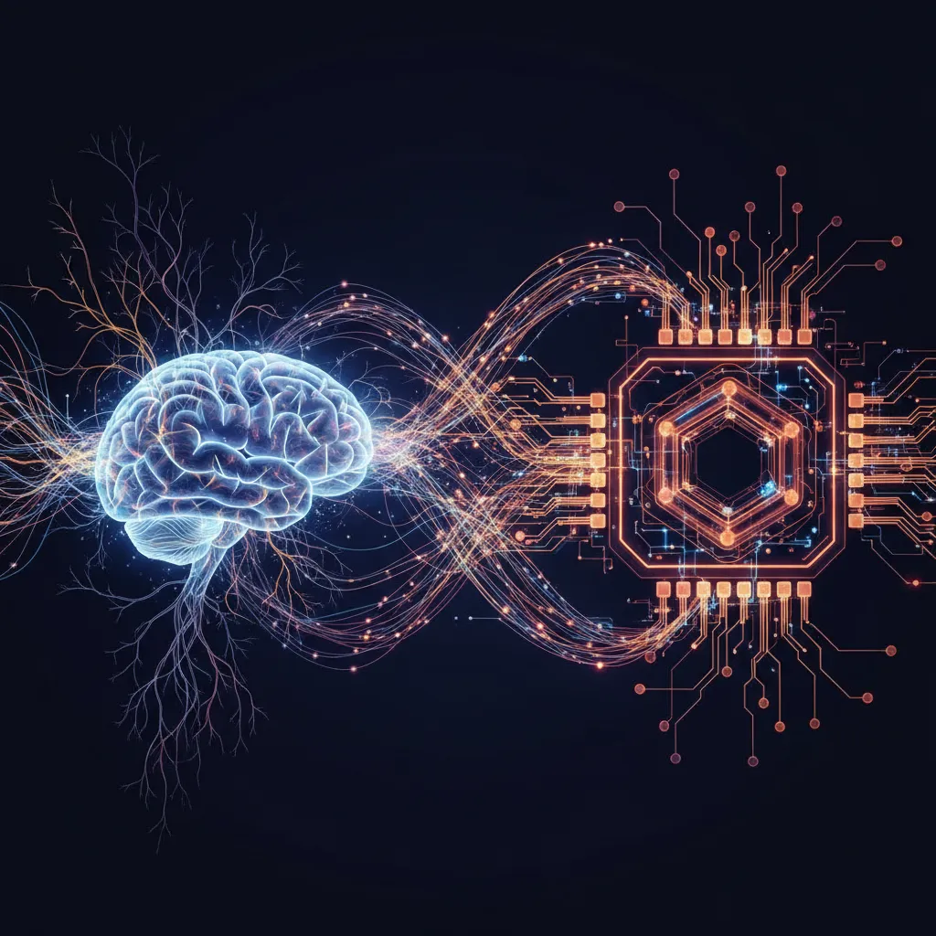 A stylized visualization of a human brain with interconnected nodes and glowing lines representing AI's influence on neural pathways and mental processes