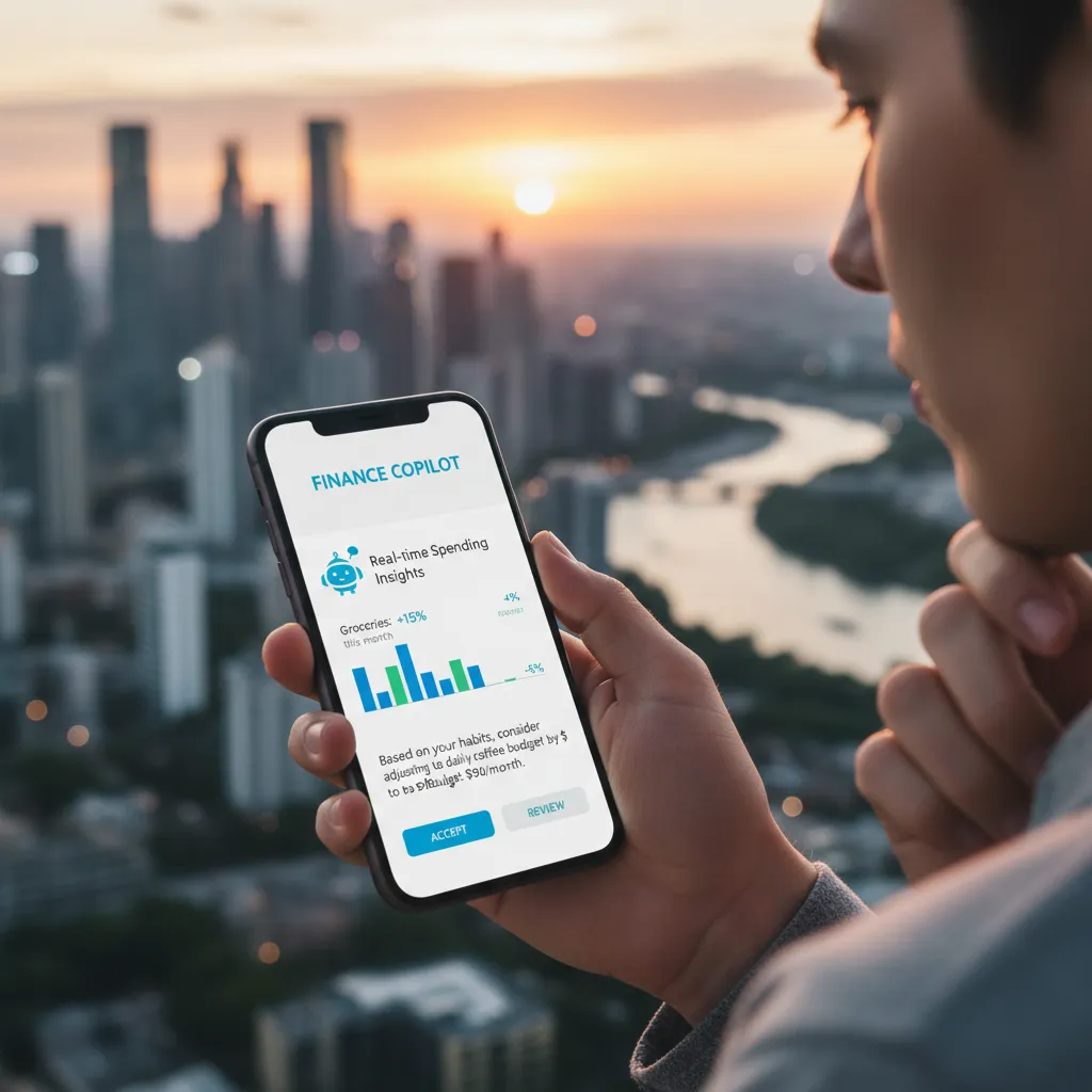 Smartphone displaying AI assistant providing real-time budgeting insights.
