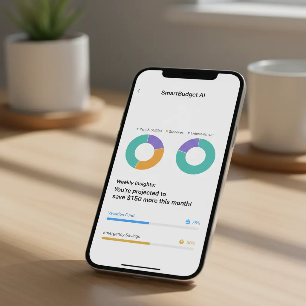 A smartphone screen displays a modern AI budgeting app interface, showing colorful charts and savings goals clearly.