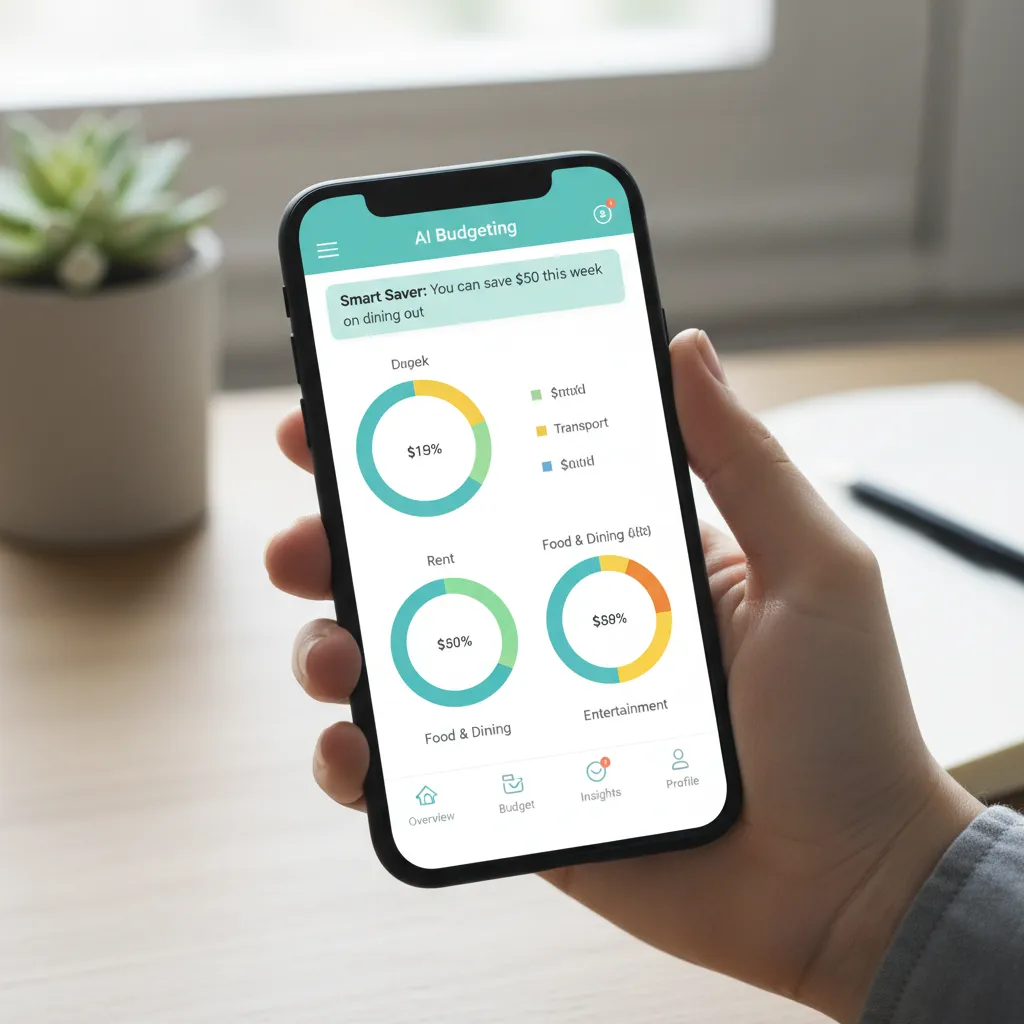 A smartphone screen displaying a sleek AI-powered budgeting app that automatically categorizes expenses and suggests savings goals.