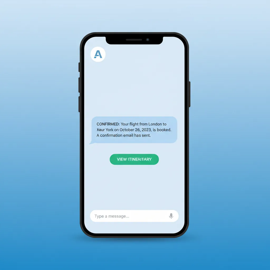 A smartphone screen showing an AI chatbot interface confirming a flight booking with a checkmark.