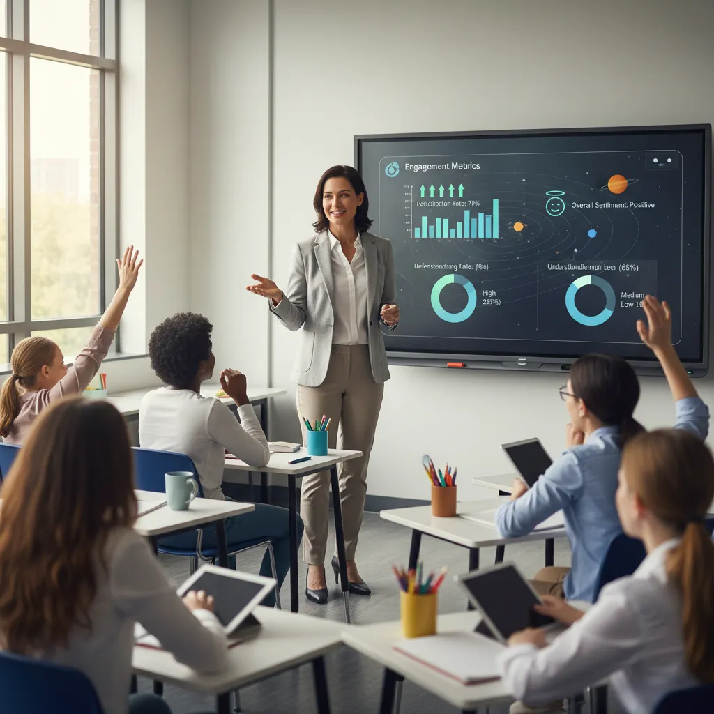 Teacher leading class with AI engagement analytics