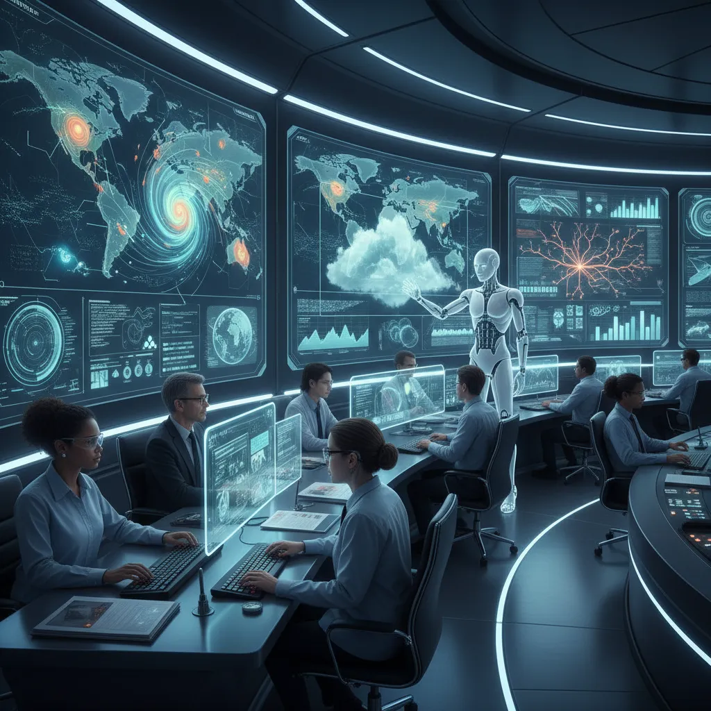 Scientists and AI specialists in a high-tech control room analyzing climate data