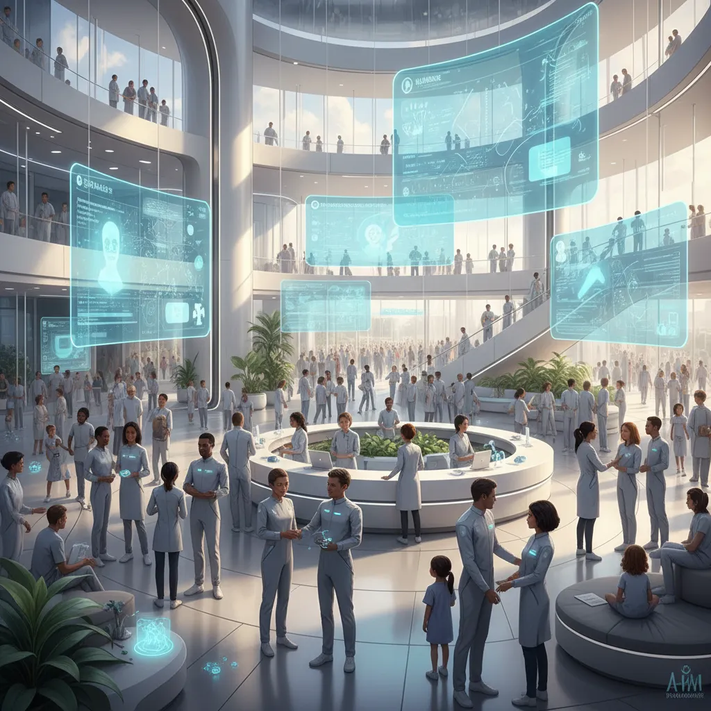 Diverse patients and doctors in a futuristic, inclusive AI-powered clinic.