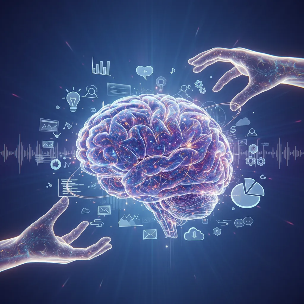 Abstract AI hands organizing digital elements around a brain for mental clarity