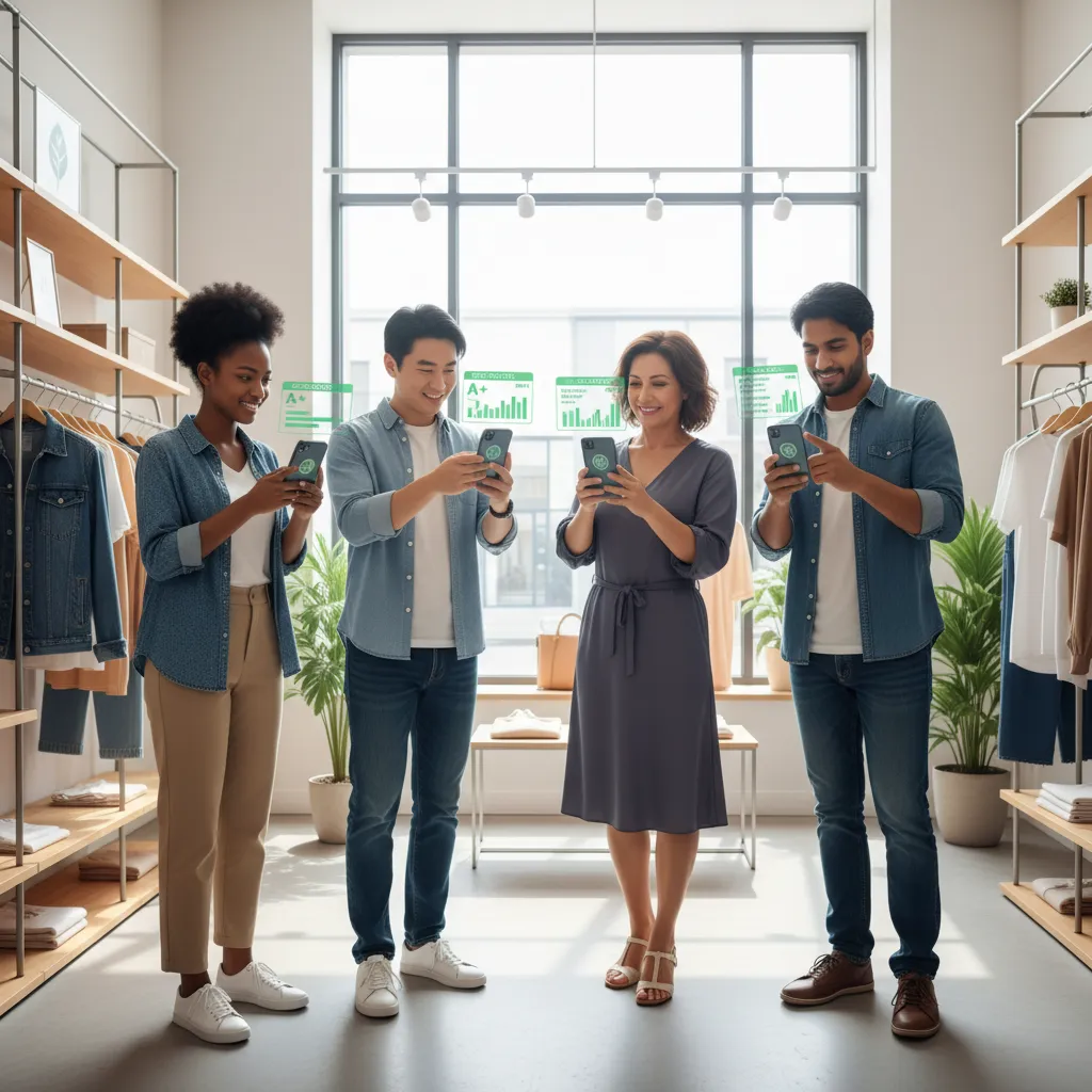 Consumers using AI app for sustainable shopping.