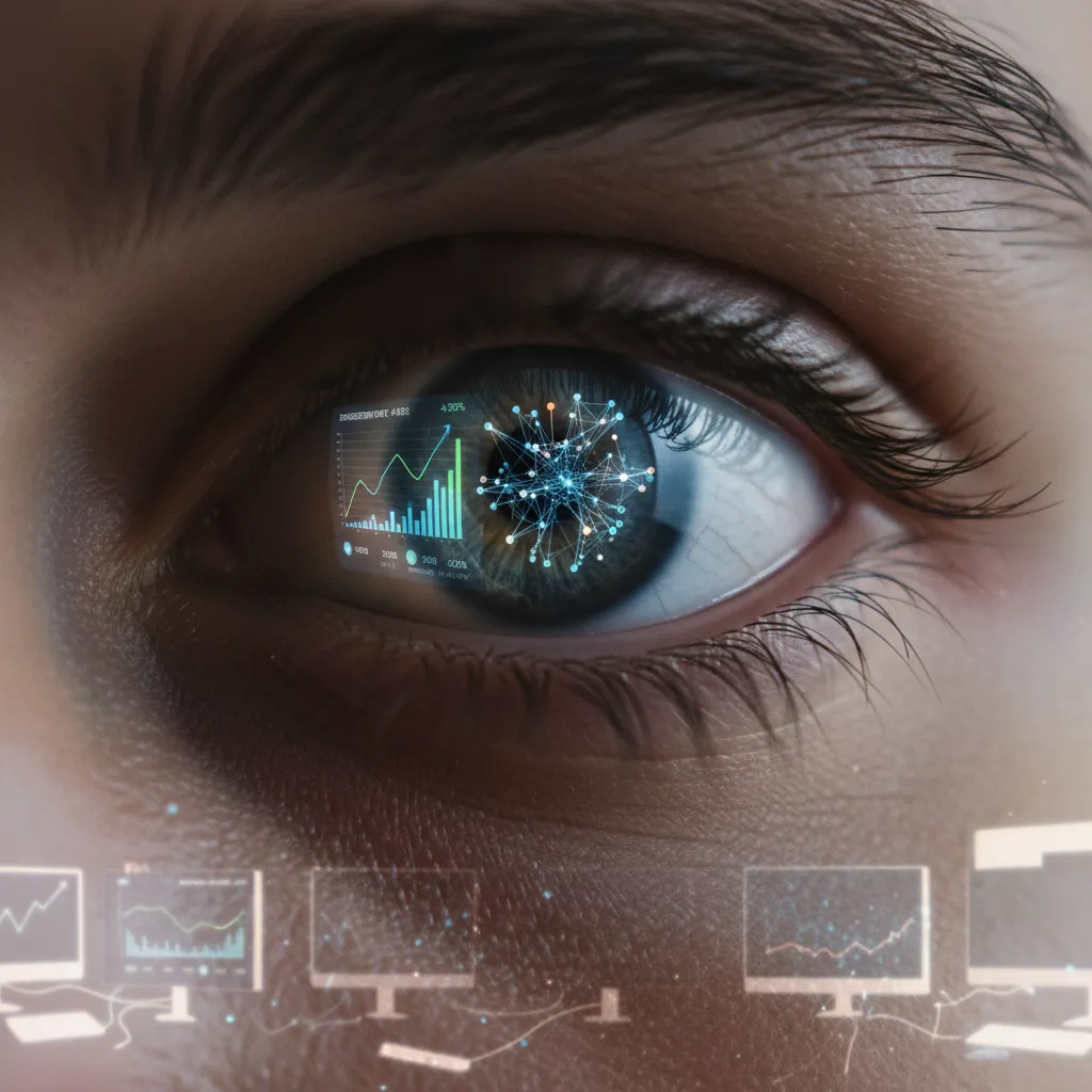Eye reflecting content analytics dashboard with growth metrics.