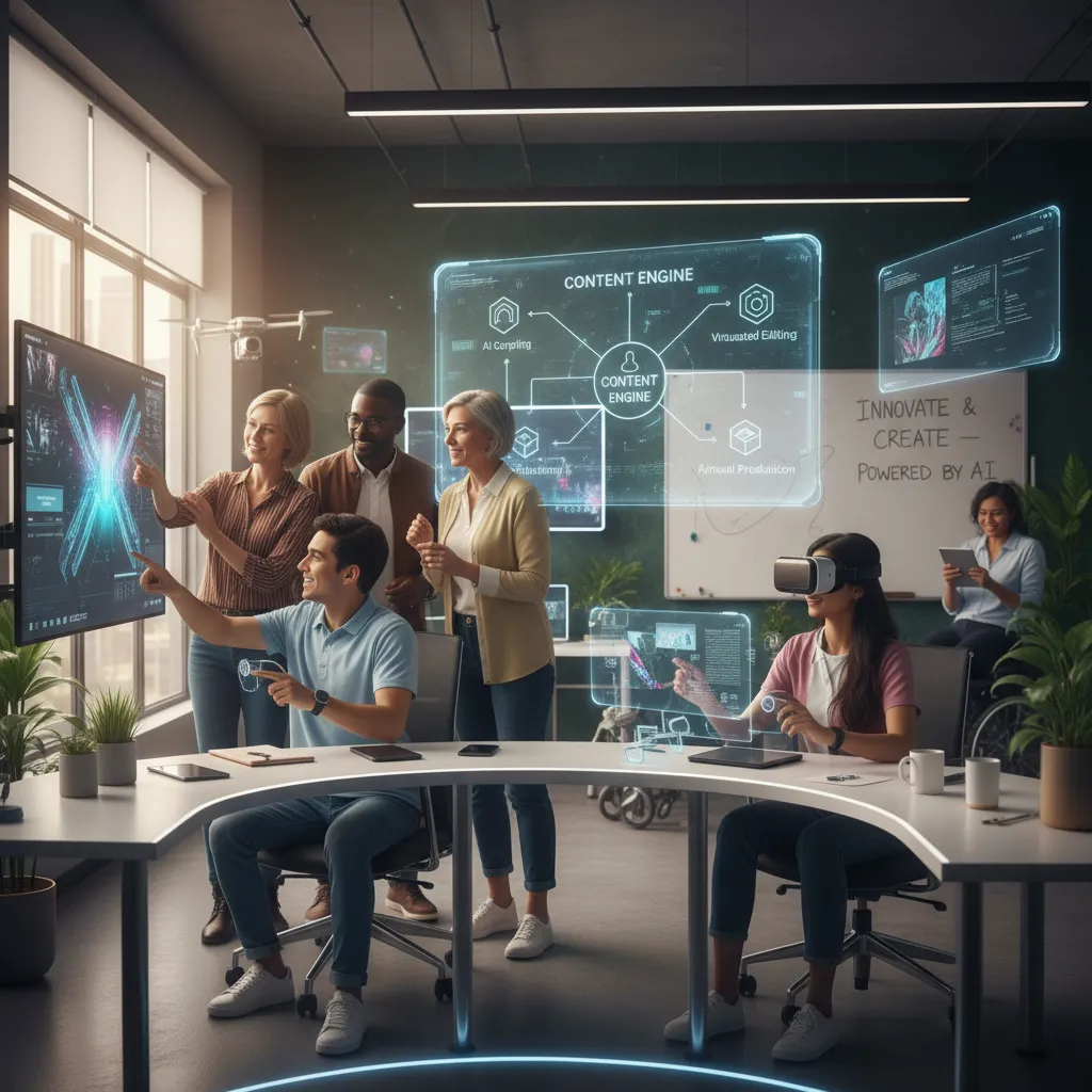 Diverse team collaborating with AI content tools