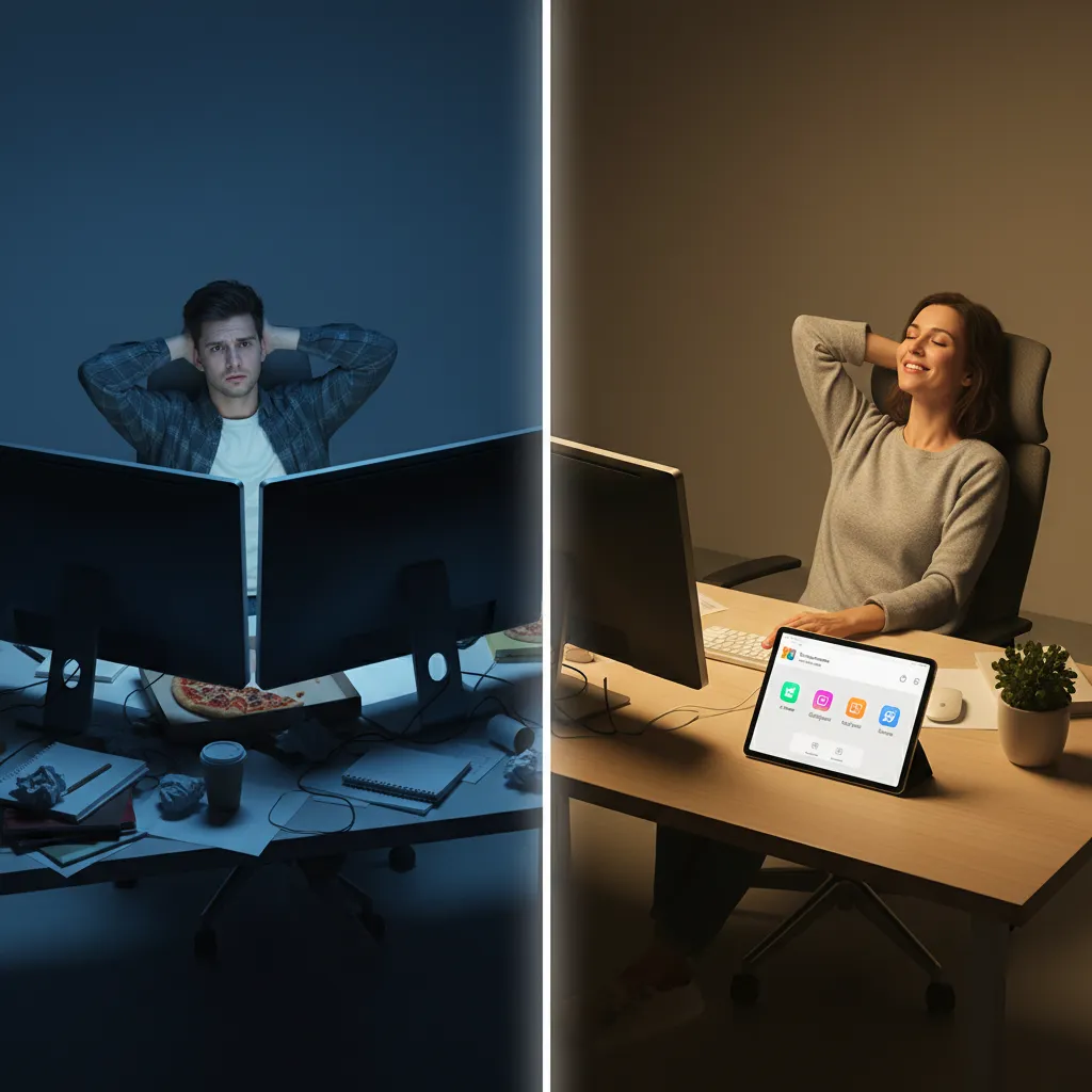 Split image showing stressed vs. productive person using AI for content.