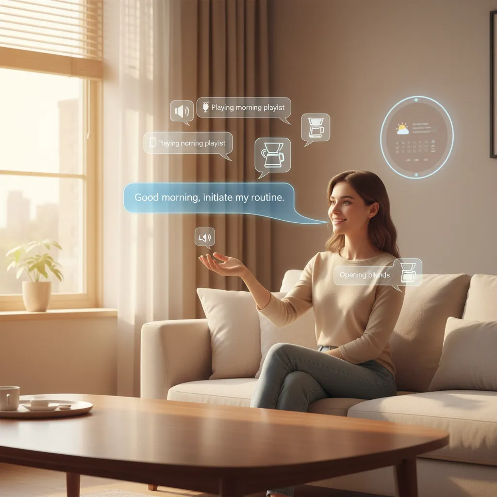 A person interacting with a smart home system powered by conversational AI, showing intuitive control of devices.