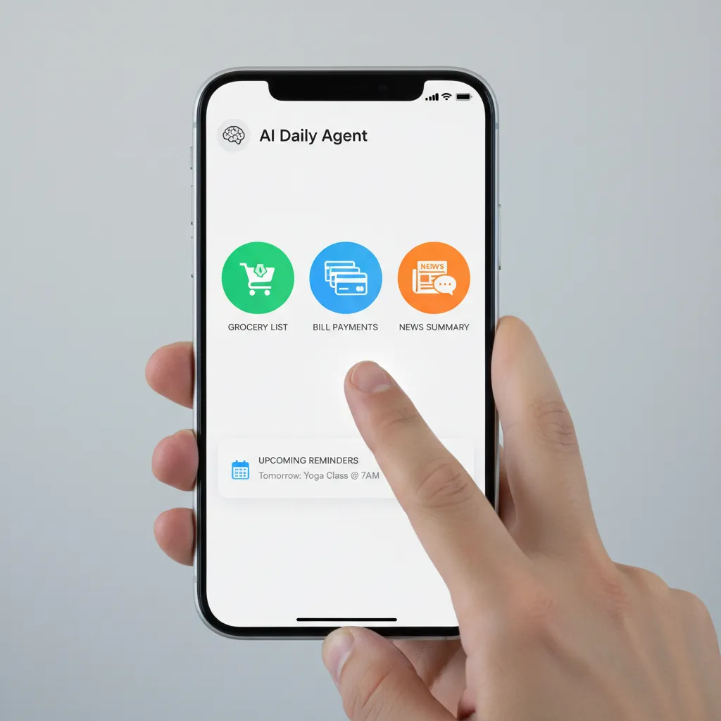 Smartphone displaying AI agent dashboard for daily tasks