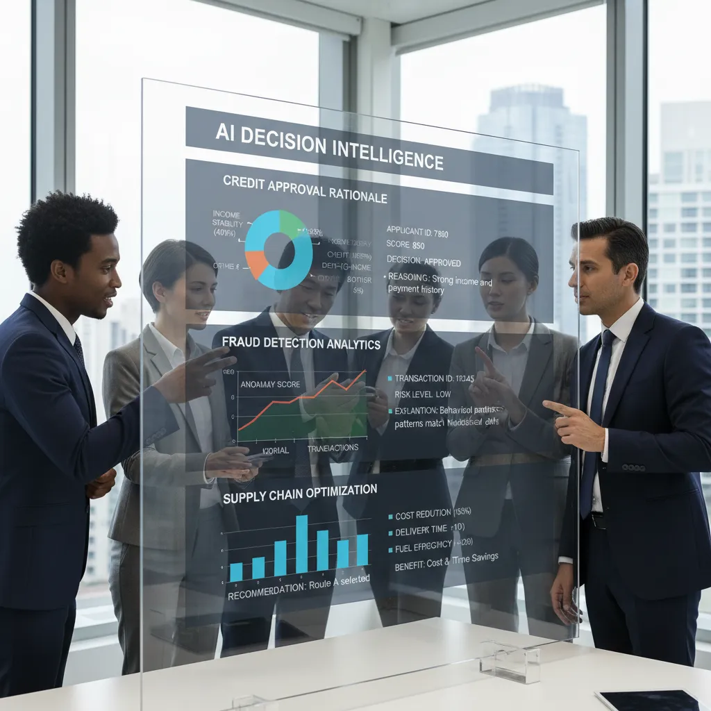 Business executives analyzing a digital dashboard that provides transparent explanations of AI-driven decisions with clear data visualizations.