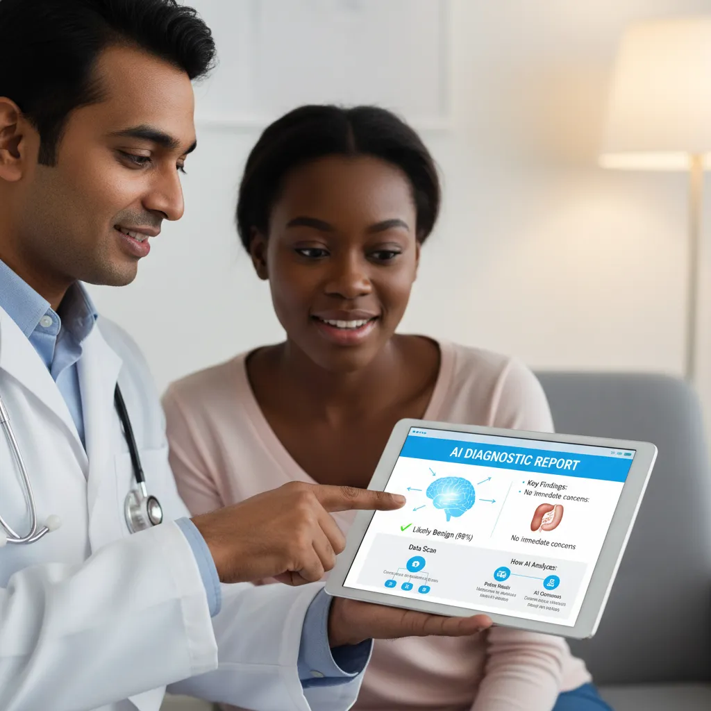 Doctor and patient reviewing an AI-powered diagnostic report on a tablet.