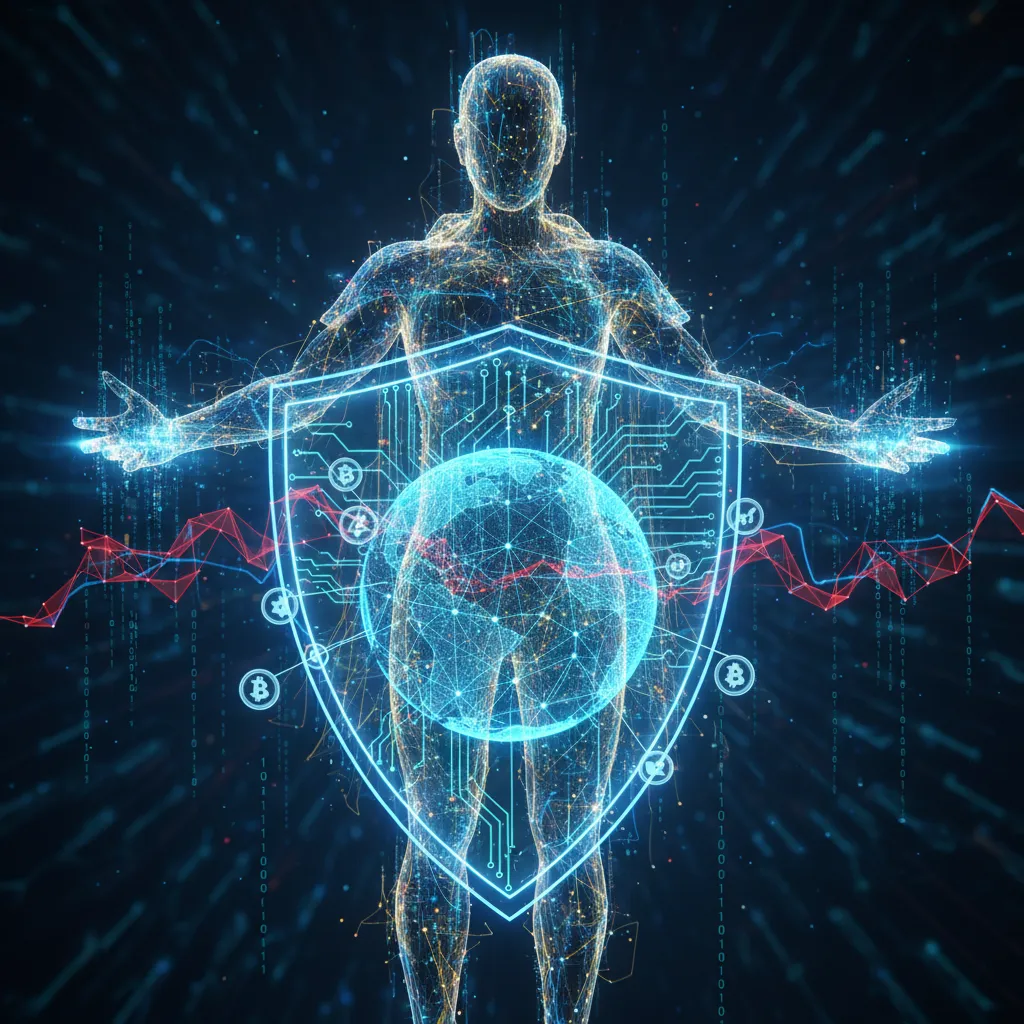 Abstract digital guardian overseeing global DeFi transactions