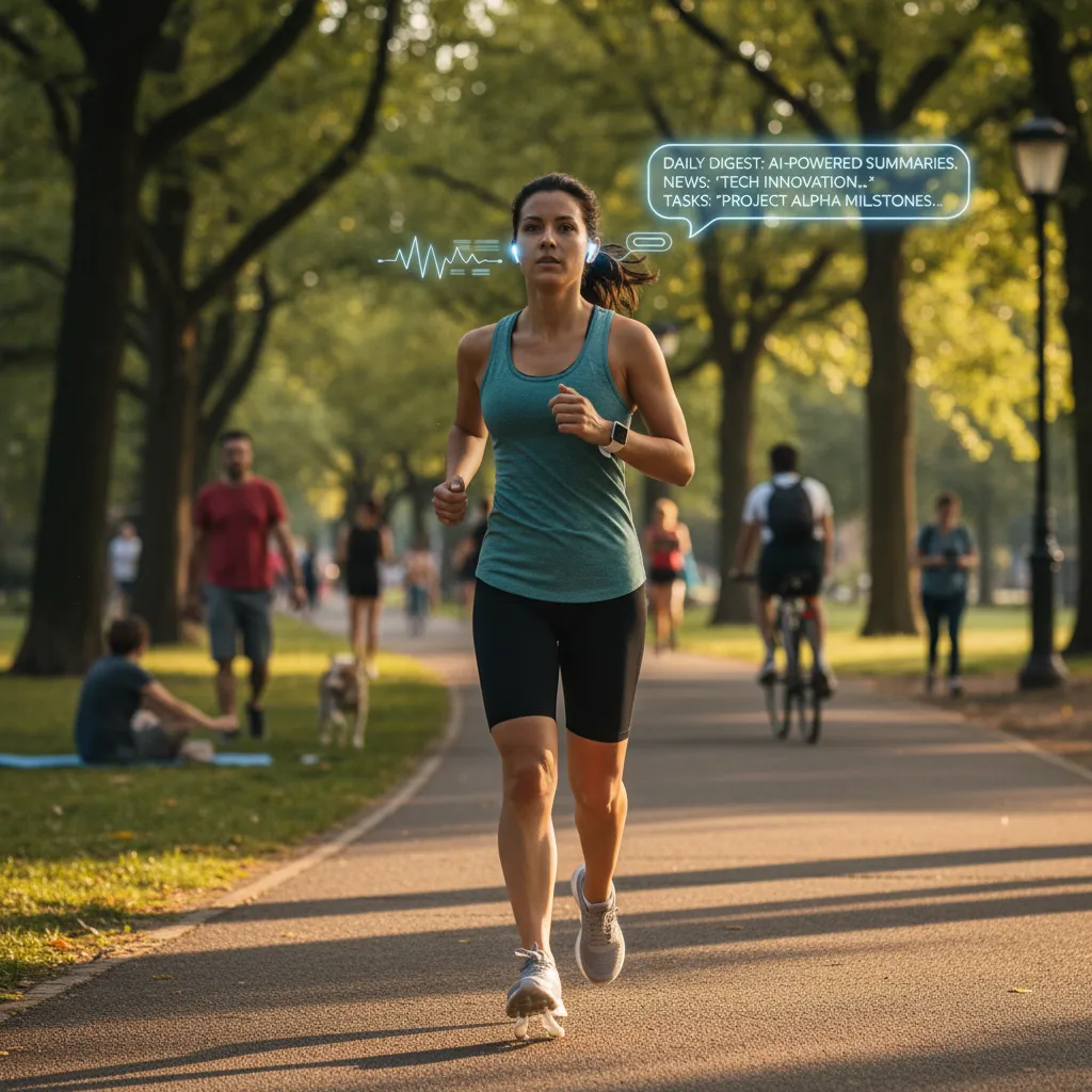 Person jogging with AI earbuds in a park