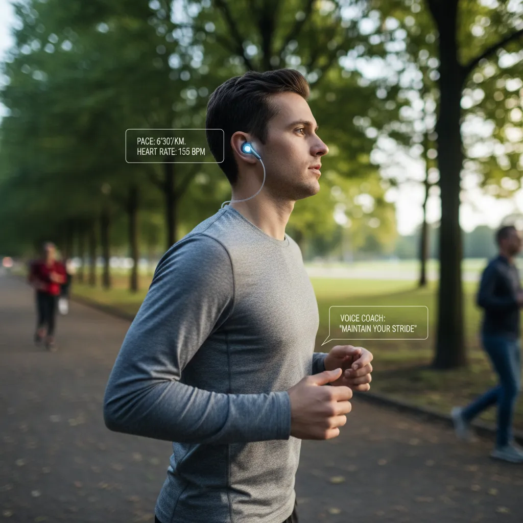 Person jogging with AI earbuds for coaching and translation
