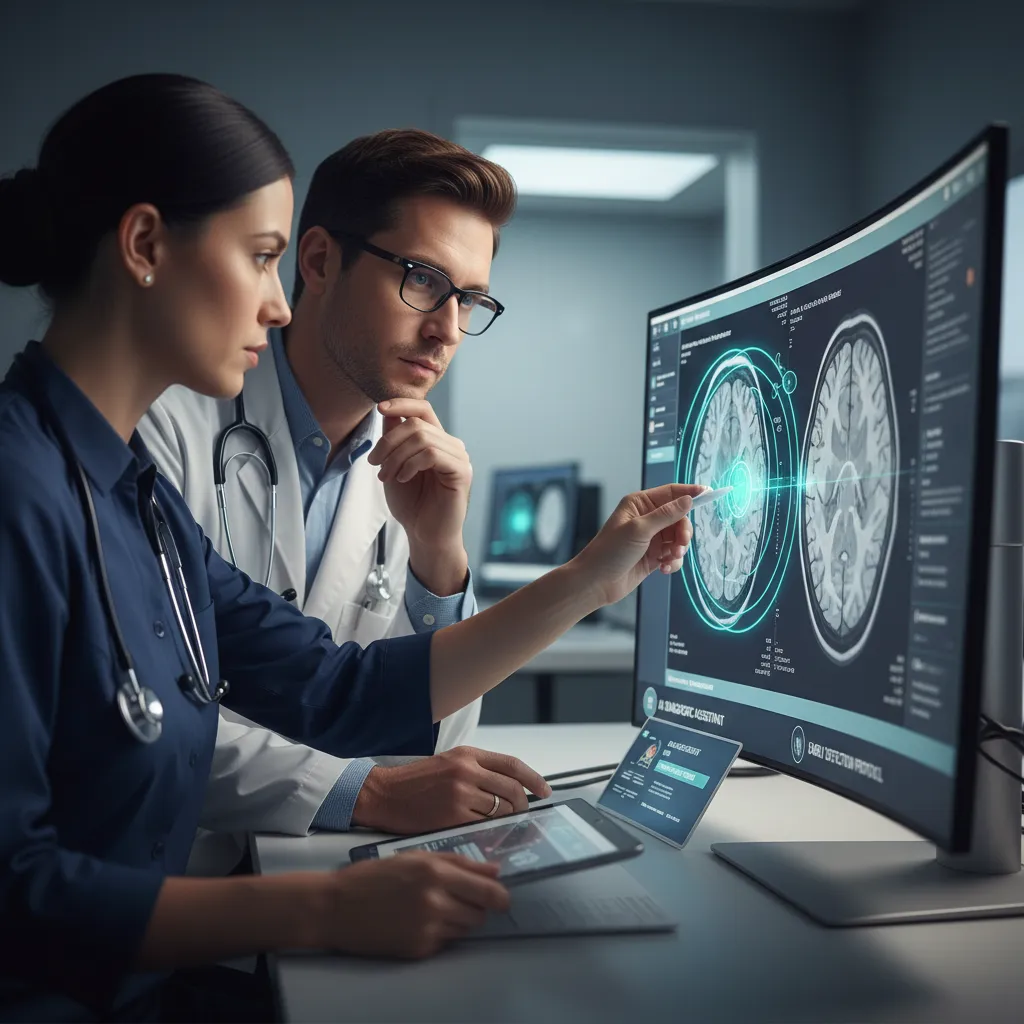 An AI interface highlighting subtle anomalies on a brain MRI scan, showcasing enhanced diagnostics.