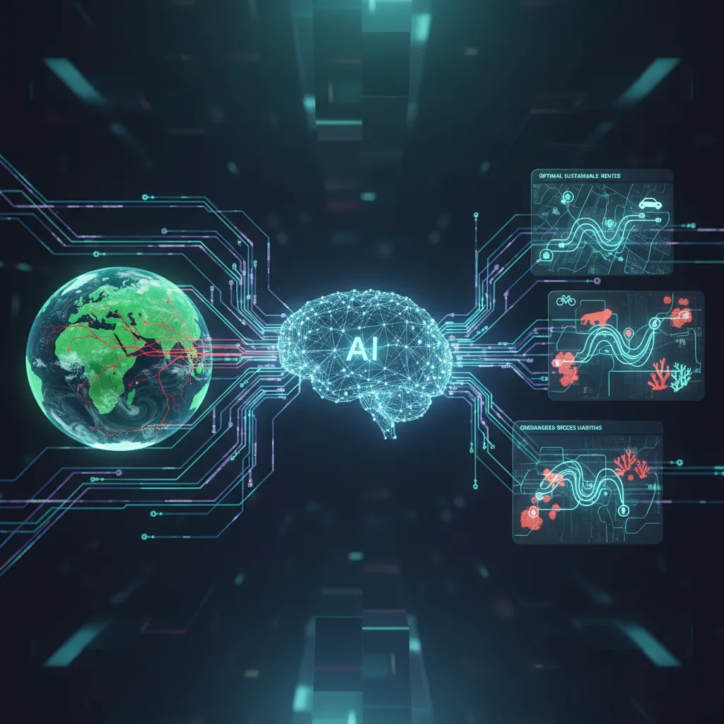 AI algorithms analyzing complex environmental data on a screen, helping to map out sustainable travel routes.