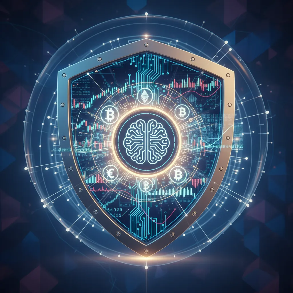 An AI agent on a screen organizing financial charts and securing data with a digital lock icon