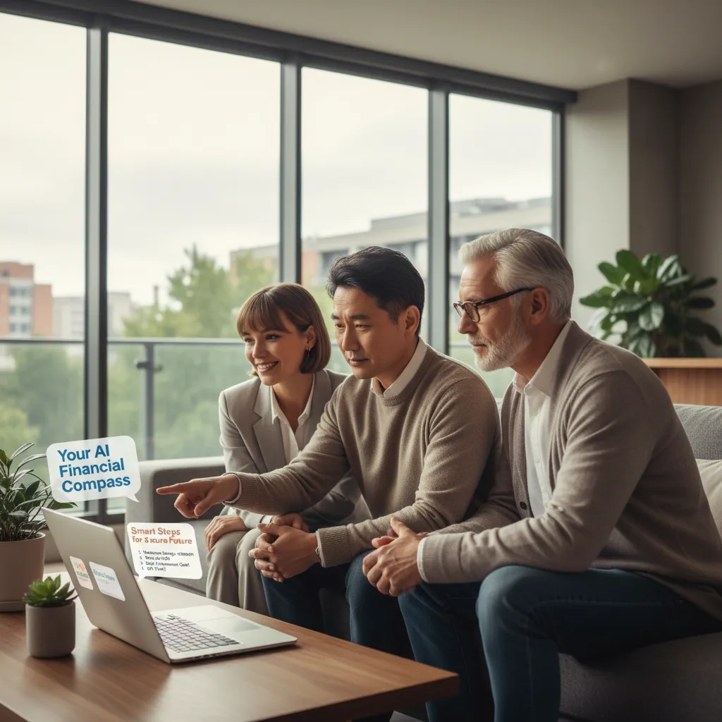 Diverse individuals viewing AI-powered personalized financial advice on a tablet.