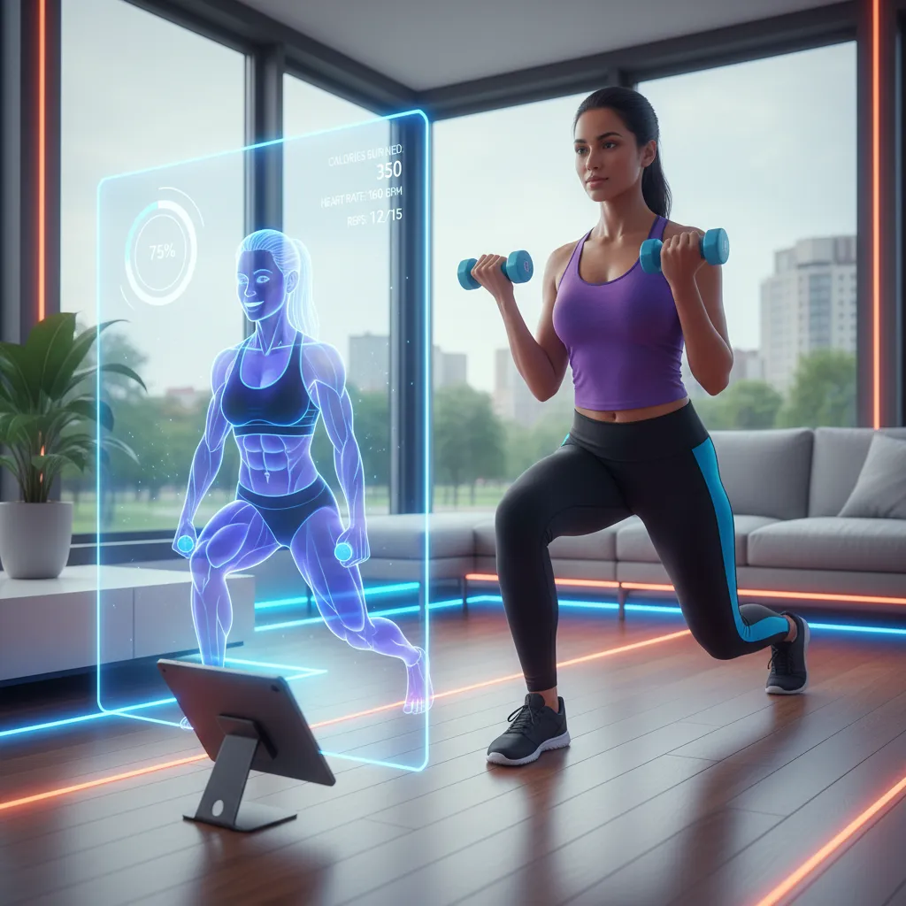 Holographic AI fitness coach guiding a home workout with personalized metrics.