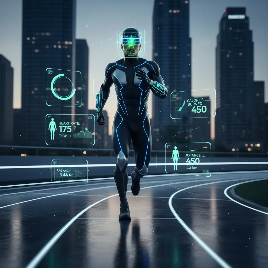 Person running with AI fitness trackers showing holographic performance data