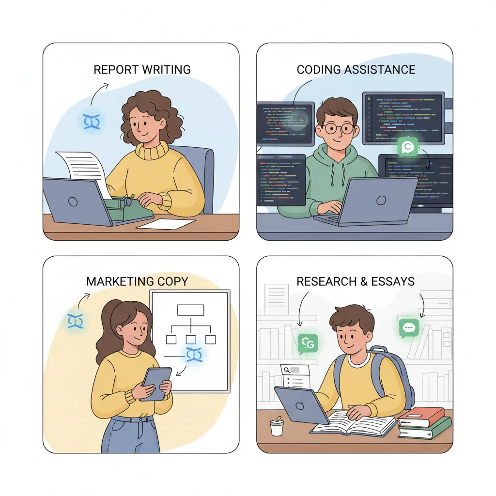 Diverse professionals using AI chatbots for different tasks.