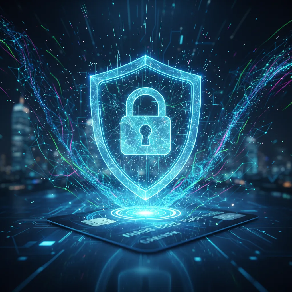A glowing digital lock and shield icon hovering over a credit card, symbolizing robust AI-powered fraud detection.