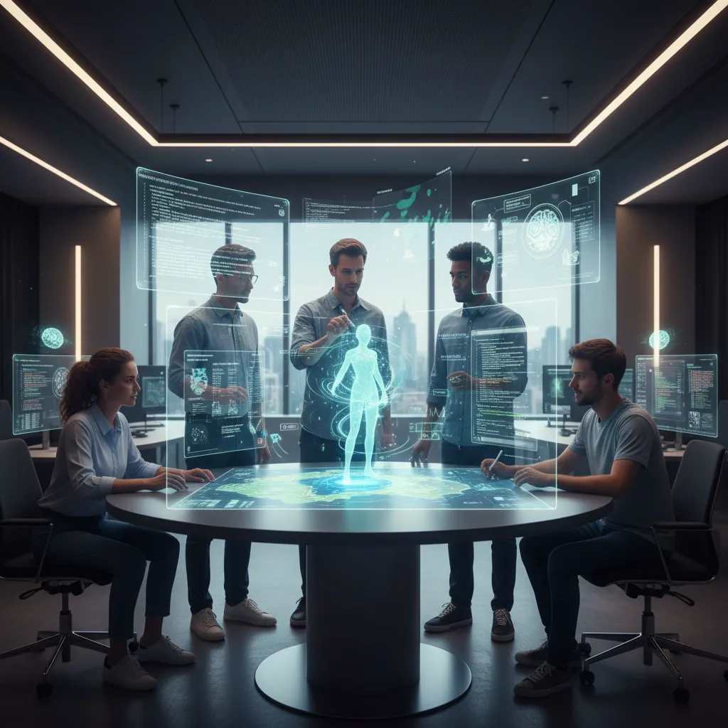 Game developers using AI tools with holographic interfaces