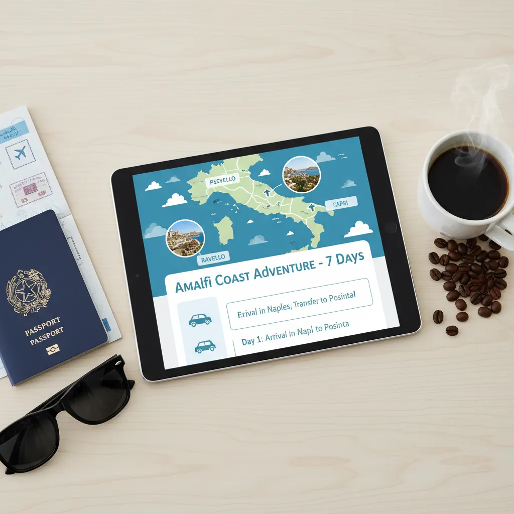 A tablet displaying a detailed, AI-generated travel itinerary for a trip to Italy, surrounded by a passport and coffee.