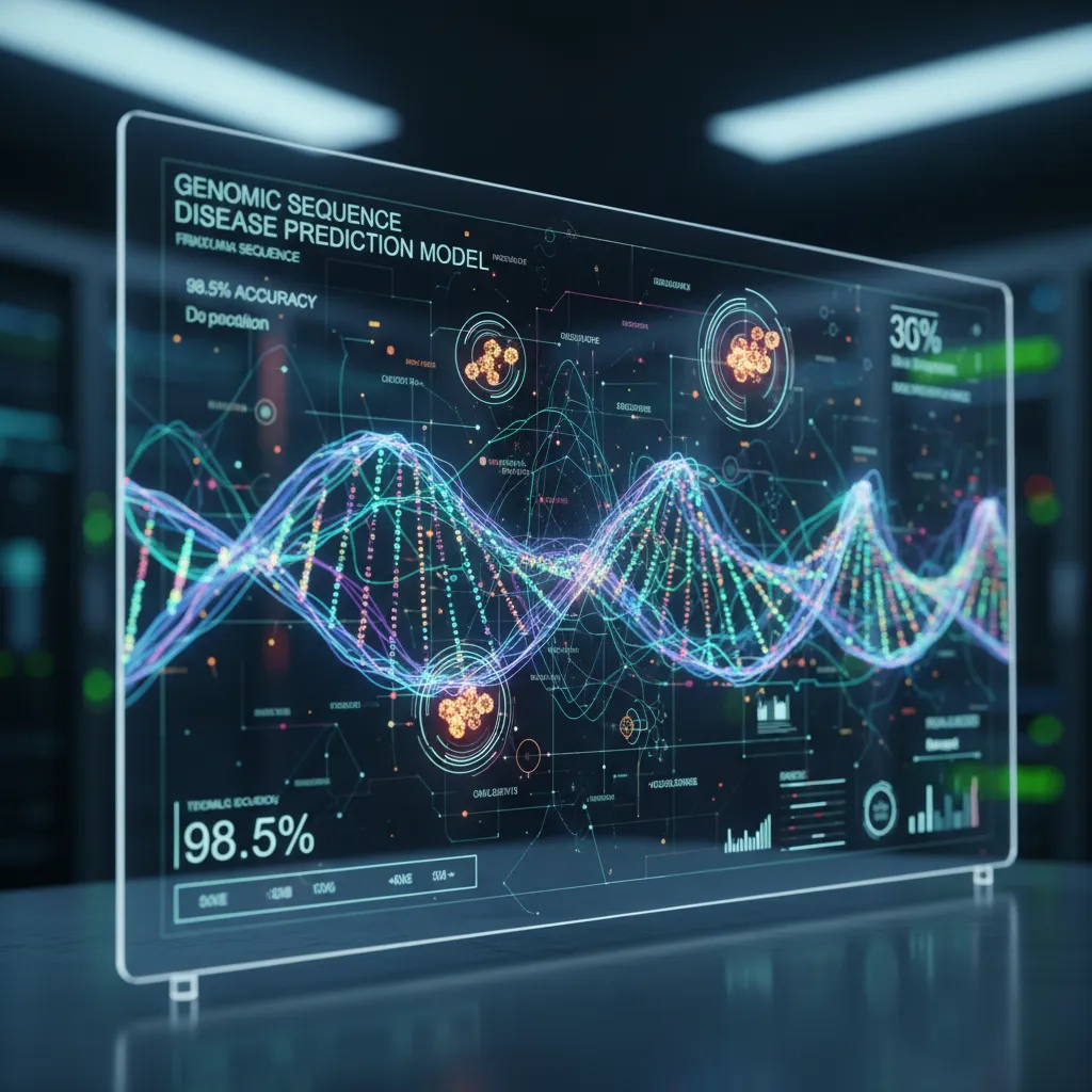 A 3D visualization of a DNA strand with AI nodes analyzing specific gene sequences for treatment prediction.