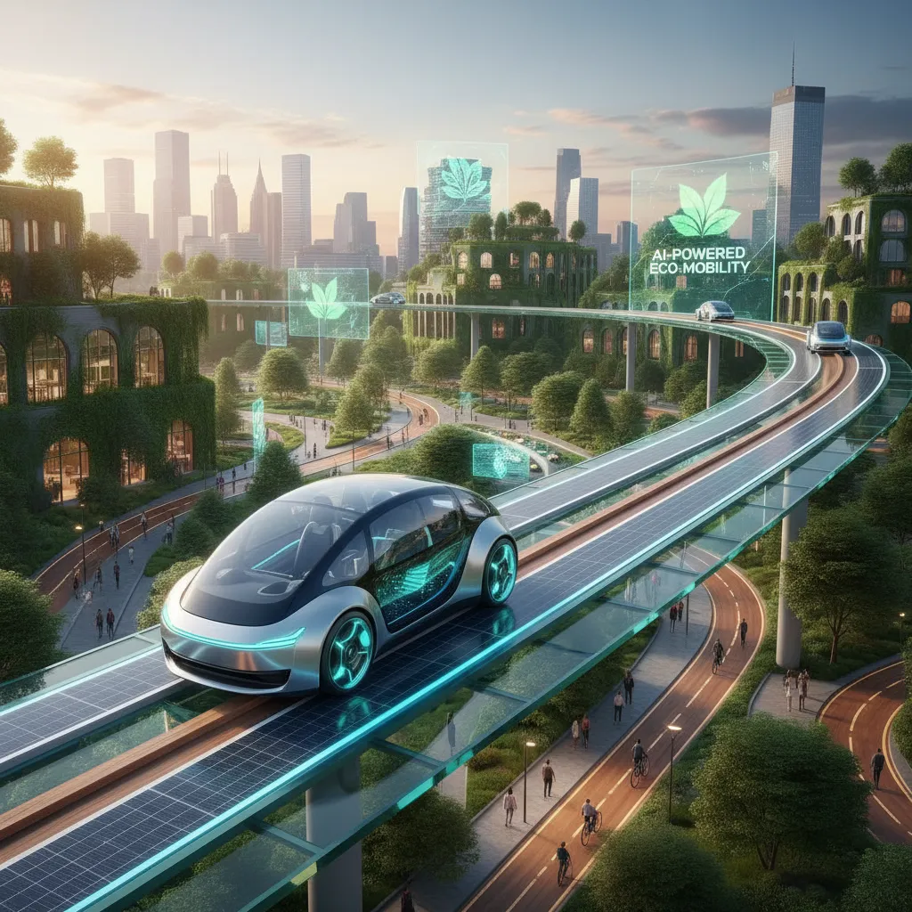 AI powered sustainable transportation in a green city with electric buses and smart traffic management systems.
