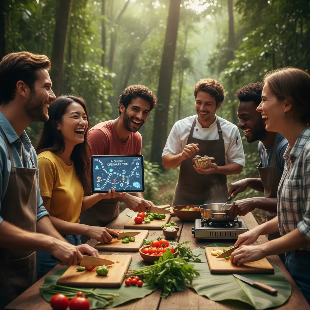 Group of friends enjoying an AI-suggested local cooking class.