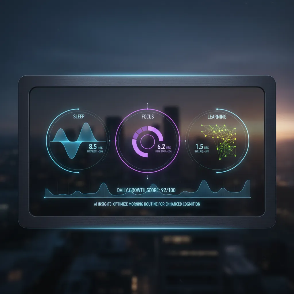 Futuristic AI growth dashboard with metrics