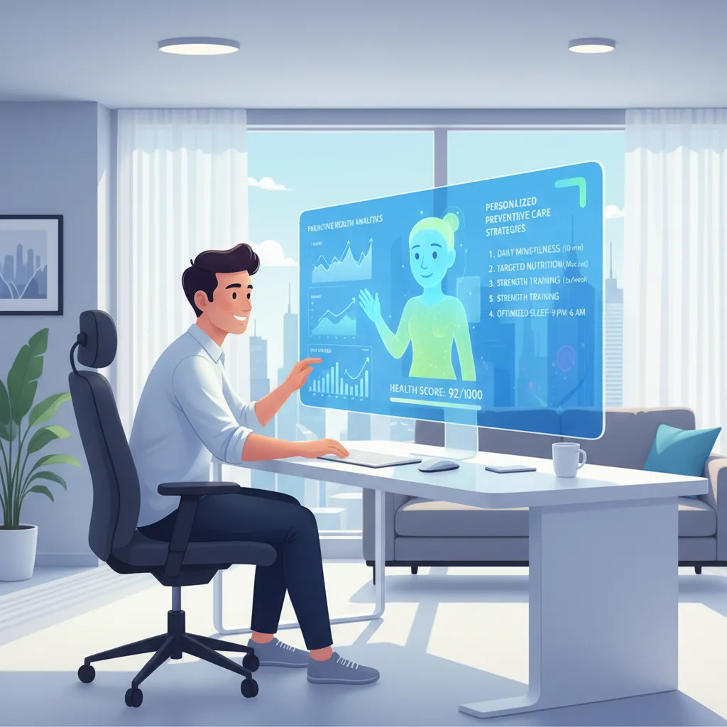 Client having a virtual consultation with an AI health coach displaying predictive health analytics.