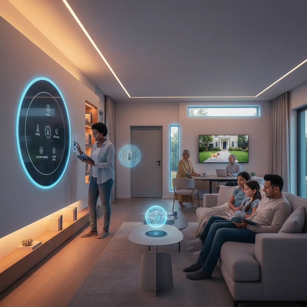 Family in a smart home, AI managing lighting and climate