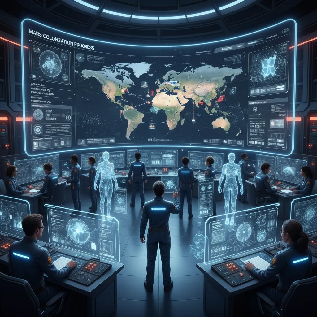 An astronaut and an AI interface collaborating in a Mars base control room.