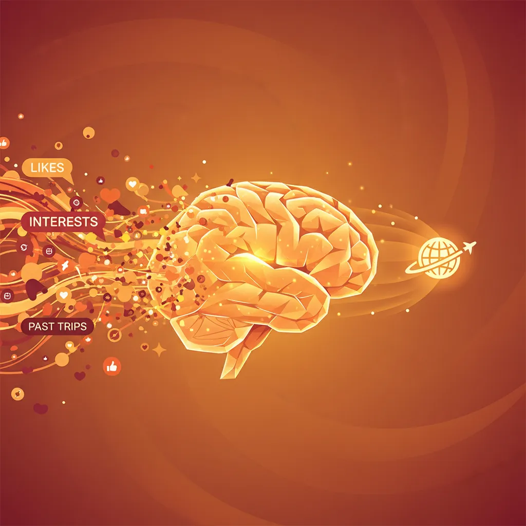 Abstract visualization of AI using data to create personalized travel recommendations.